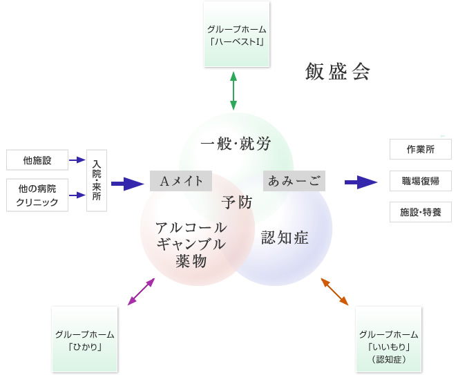 リカバリーセンターの支援体制を表す図　中心にアルコールギャンブル薬物（予防）、認知症（予防）、一般就労の3つの円が重なっていてそれぞれの支援体制の説明をしている