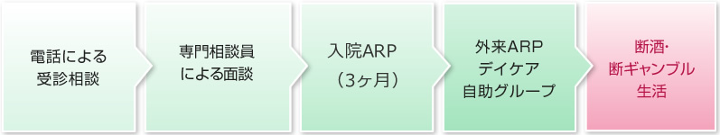 電話による受診相談→専門相談員による面談→入院ARP（3ヶ月）→外来ARPデイケア自助グループ→断酒・断ギャンブル生活